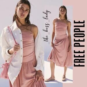 Free People dress bubble skirt midi pleated cotton blend drop waist square neck